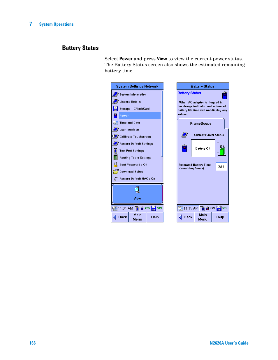 Battery status | Agilent Technologies N2620A User Manual | Page 184 / 279