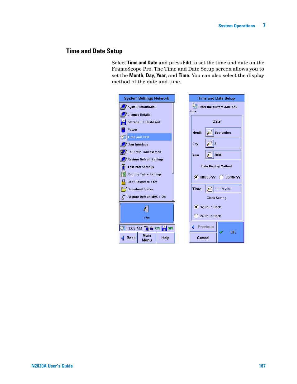 Time and date setup | Agilent Technologies N2620A User Manual | Page 185 / 279