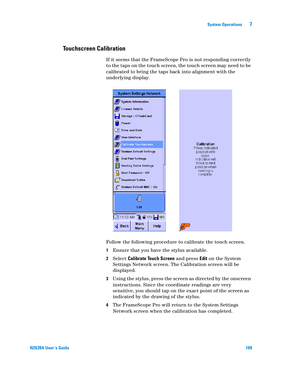 Touchscreen calibration | Agilent Technologies N2620A User Manual | Page 187 / 279