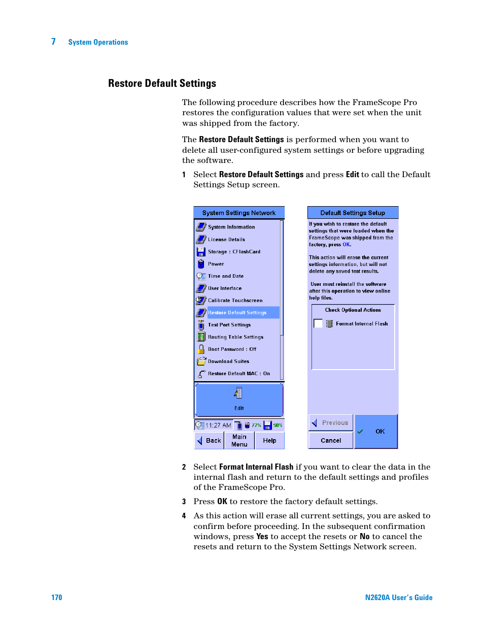 Restore default settings | Agilent Technologies N2620A User Manual | Page 188 / 279