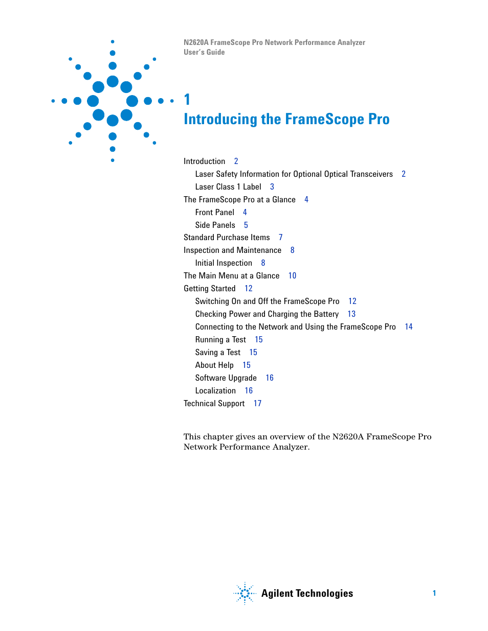 1 introducing the framescope pro, Introducing the framescope pro, Agilent technologies | Agilent Technologies N2620A User Manual | Page 19 / 279