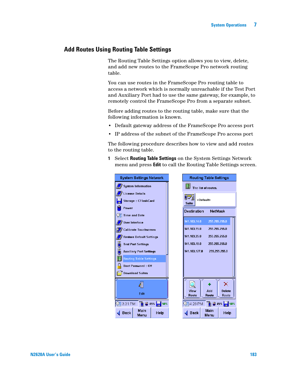 Add routes using routing table settings | Agilent Technologies N2620A User Manual | Page 201 / 279