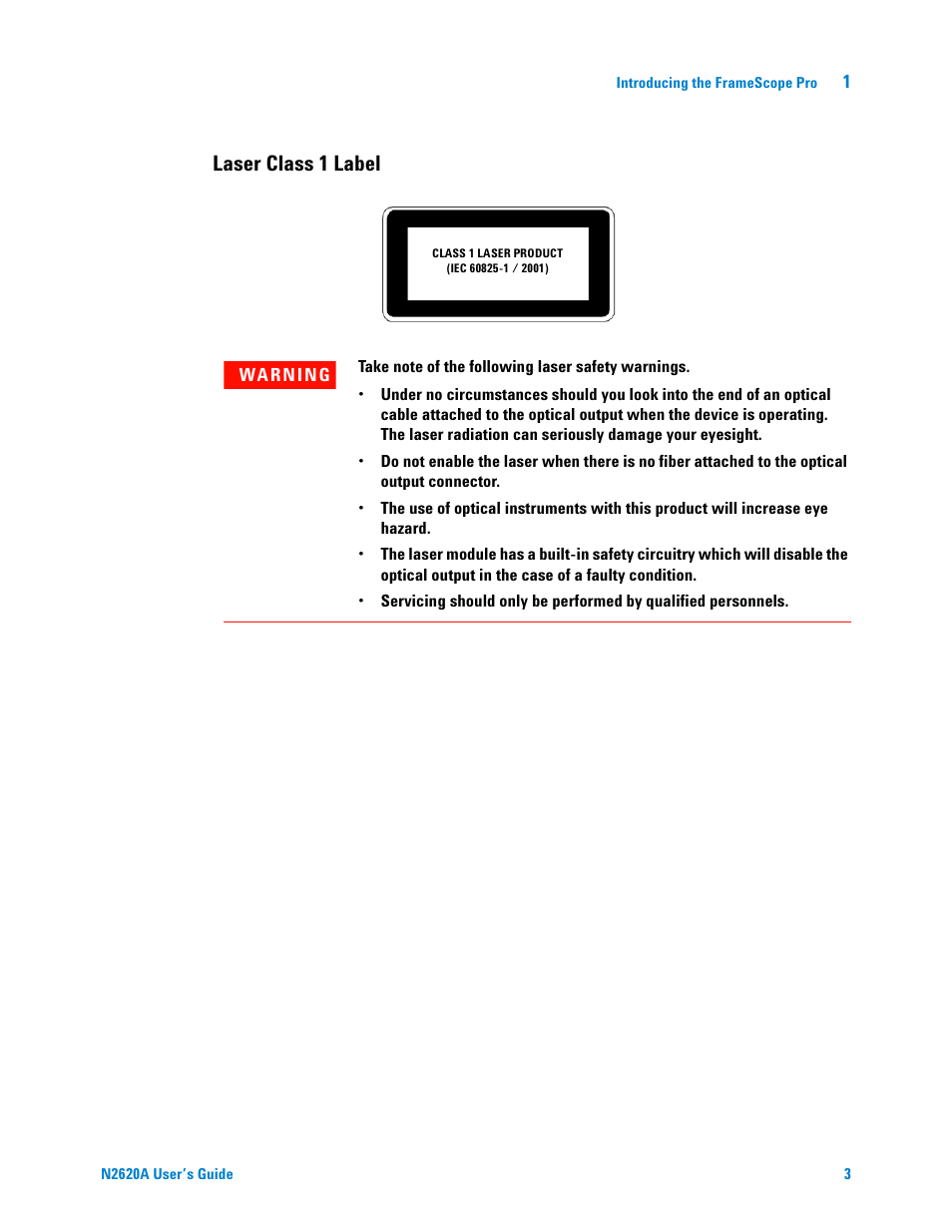 Laser class 1 label | Agilent Technologies N2620A User Manual | Page 21 / 279