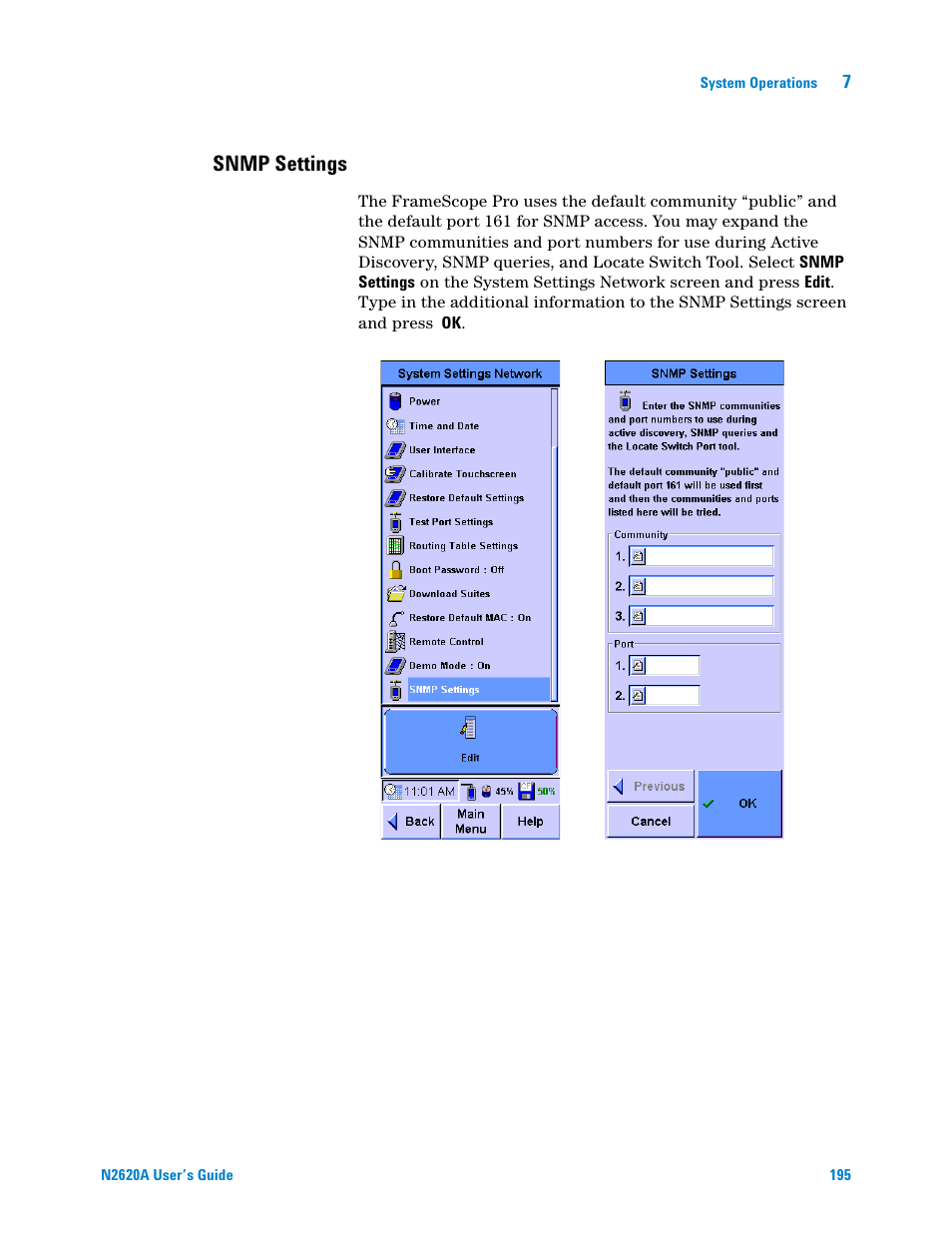 Snmp settings | Agilent Technologies N2620A User Manual | Page 213 / 279