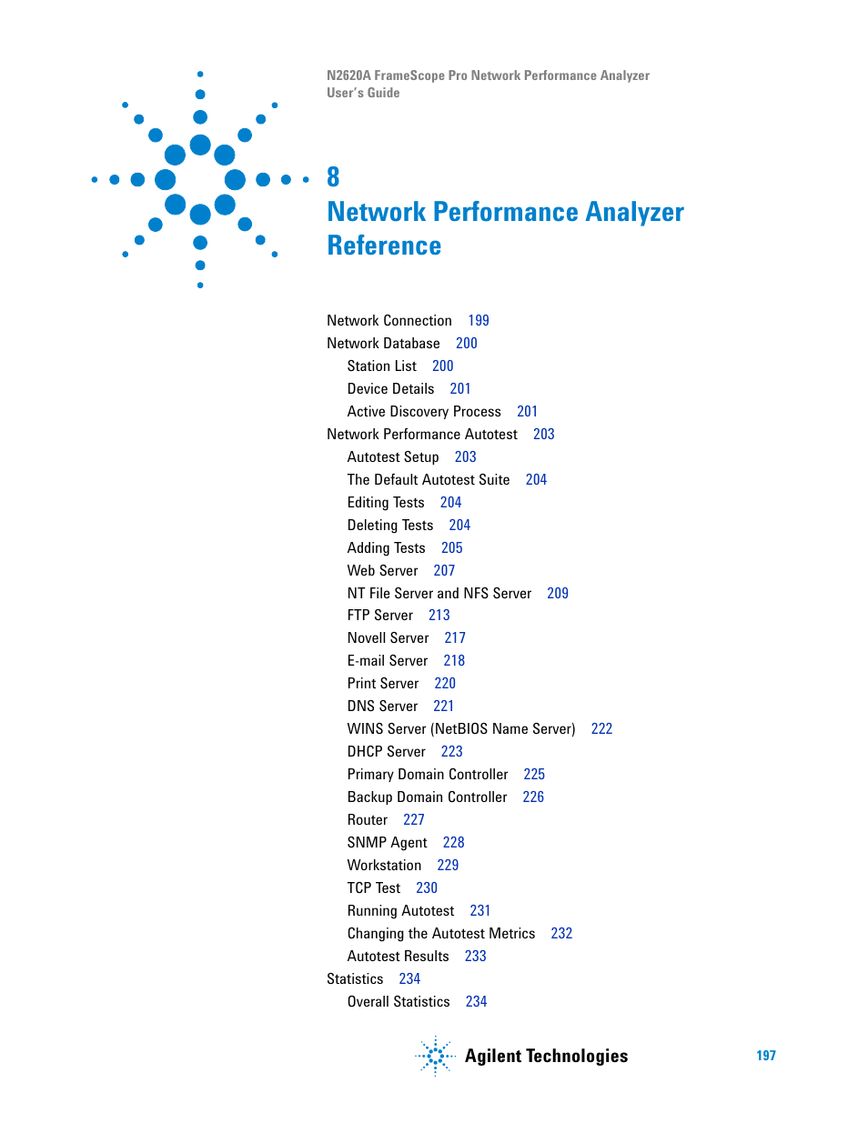 8 network performance analyzer reference, Network performance analyzer reference, Agilent technologies | Agilent Technologies N2620A User Manual | Page 215 / 279