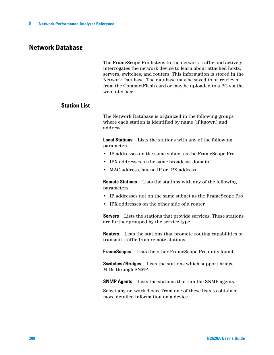 Network database, Station list | Agilent Technologies N2620A User Manual | Page 218 / 279