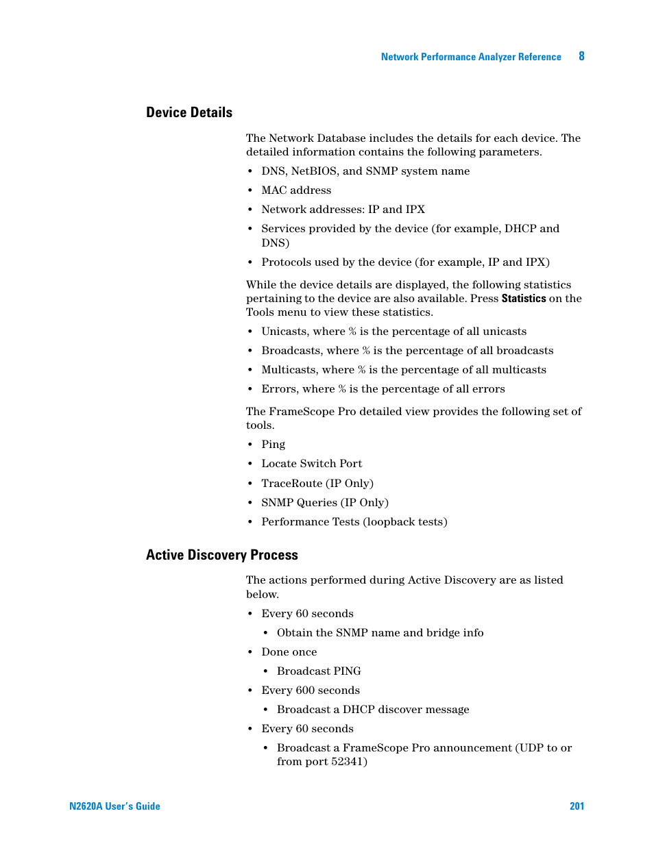 Device details, Active discovery process, Fer to | Chapter 8, Active discovery | Agilent Technologies N2620A User Manual | Page 219 / 279