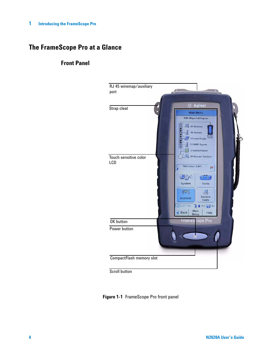 The framescope pro at a glance, Front panel | Agilent Technologies N2620A User Manual | Page 22 / 279