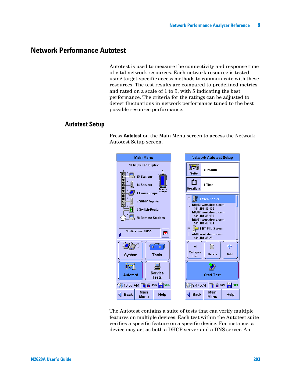 Network performance autotest, Autotest setup, Fer to | Chapter 8, Network performance | Agilent Technologies N2620A User Manual | Page 221 / 279