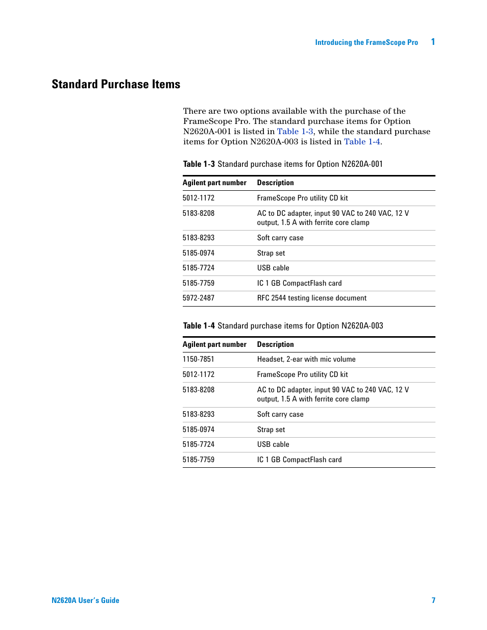 Standard purchase items | Agilent Technologies N2620A User Manual | Page 25 / 279