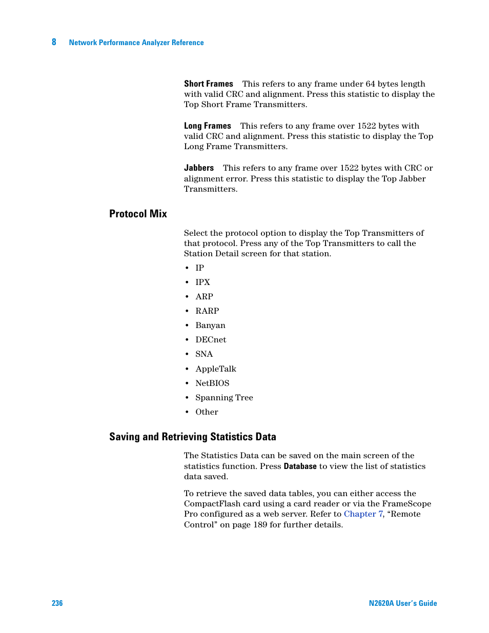 Protocol mix, Saving and retrieving statistics data | Agilent Technologies N2620A User Manual | Page 254 / 279