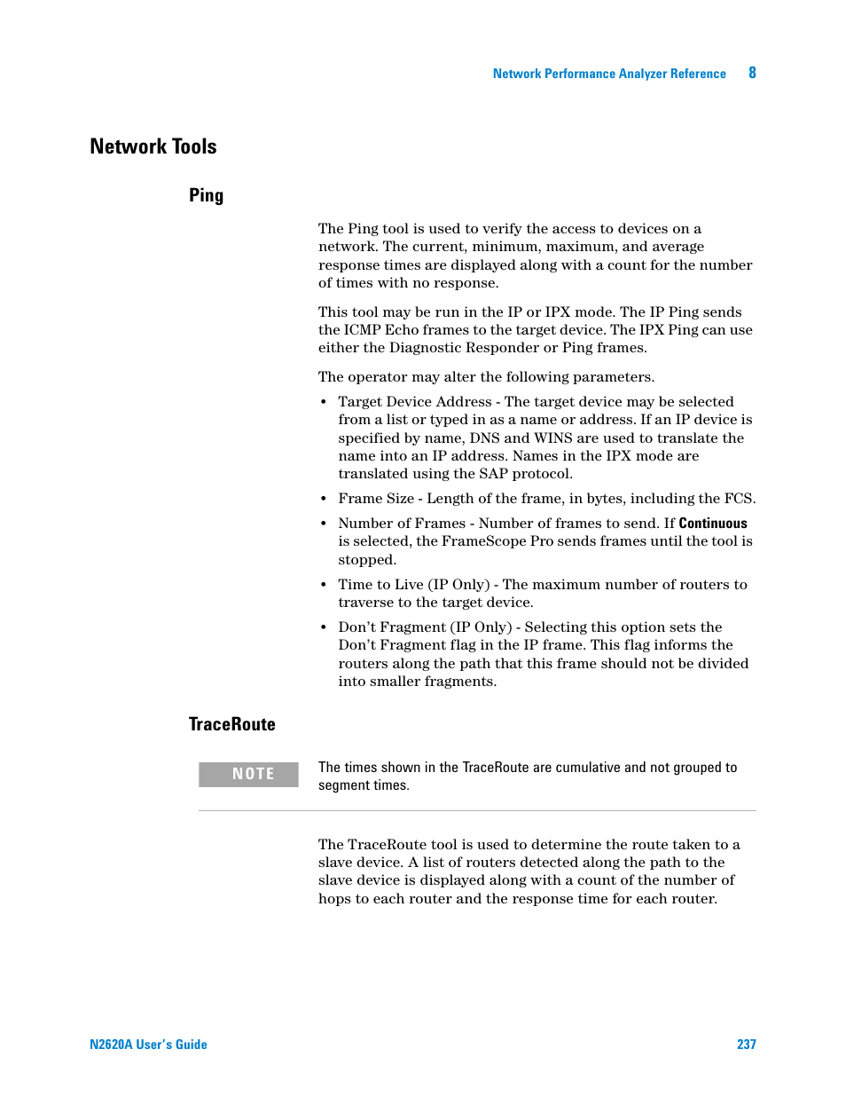 Network tools, Ping, Traceroute | Agilent Technologies N2620A User Manual | Page 255 / 279