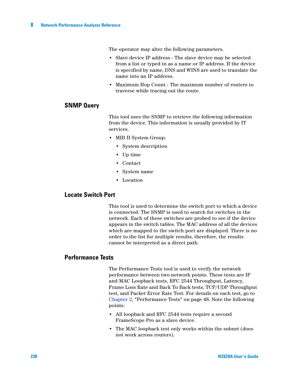 Snmp query, Locate switch port, Performance tests | Agilent Technologies N2620A User Manual | Page 256 / 279