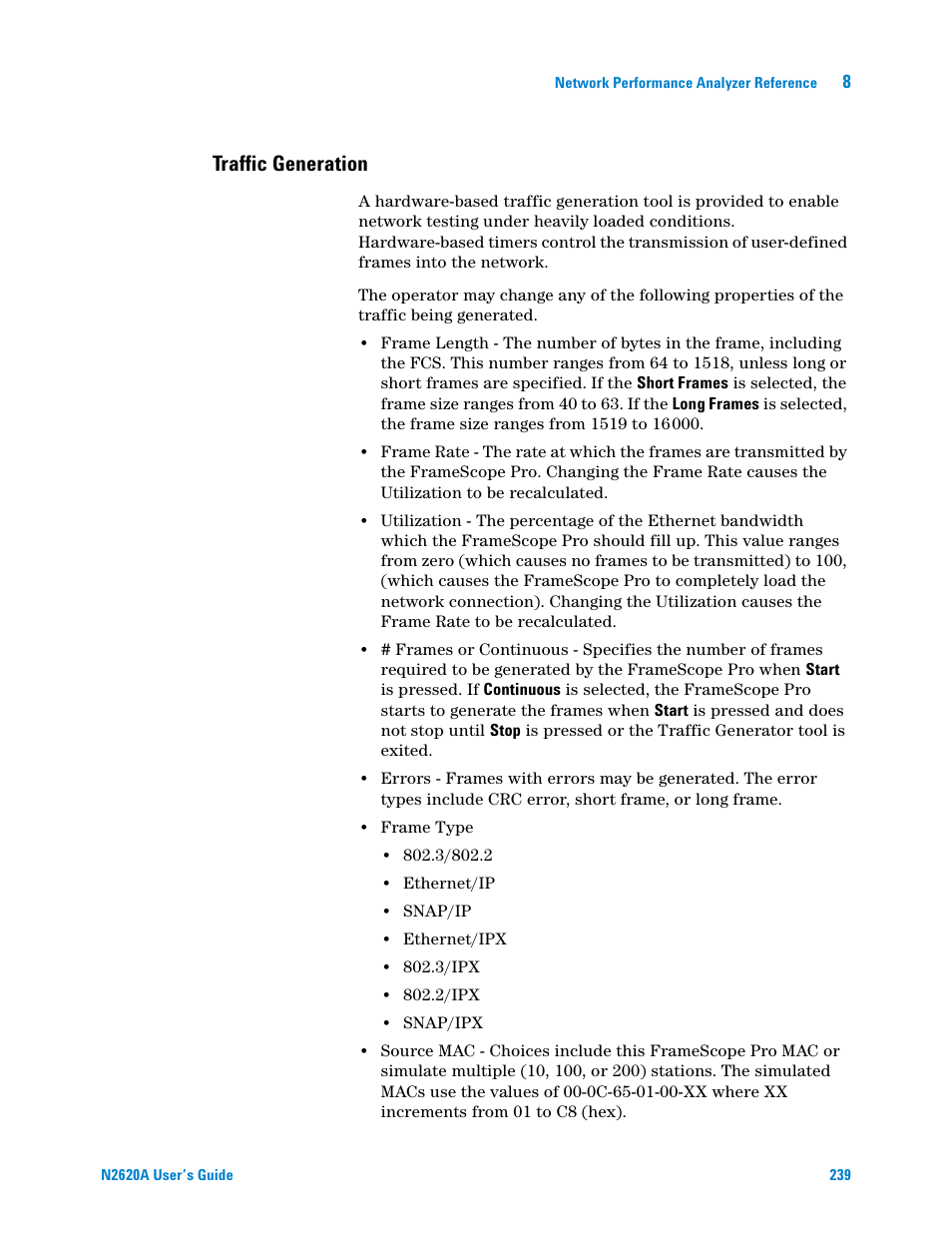 Traffic generation, Chapter 8 | Agilent Technologies N2620A User Manual | Page 257 / 279