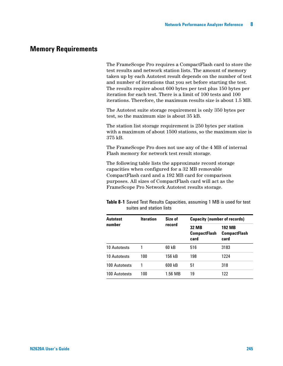 Memory requirements | Agilent Technologies N2620A User Manual | Page 263 / 279