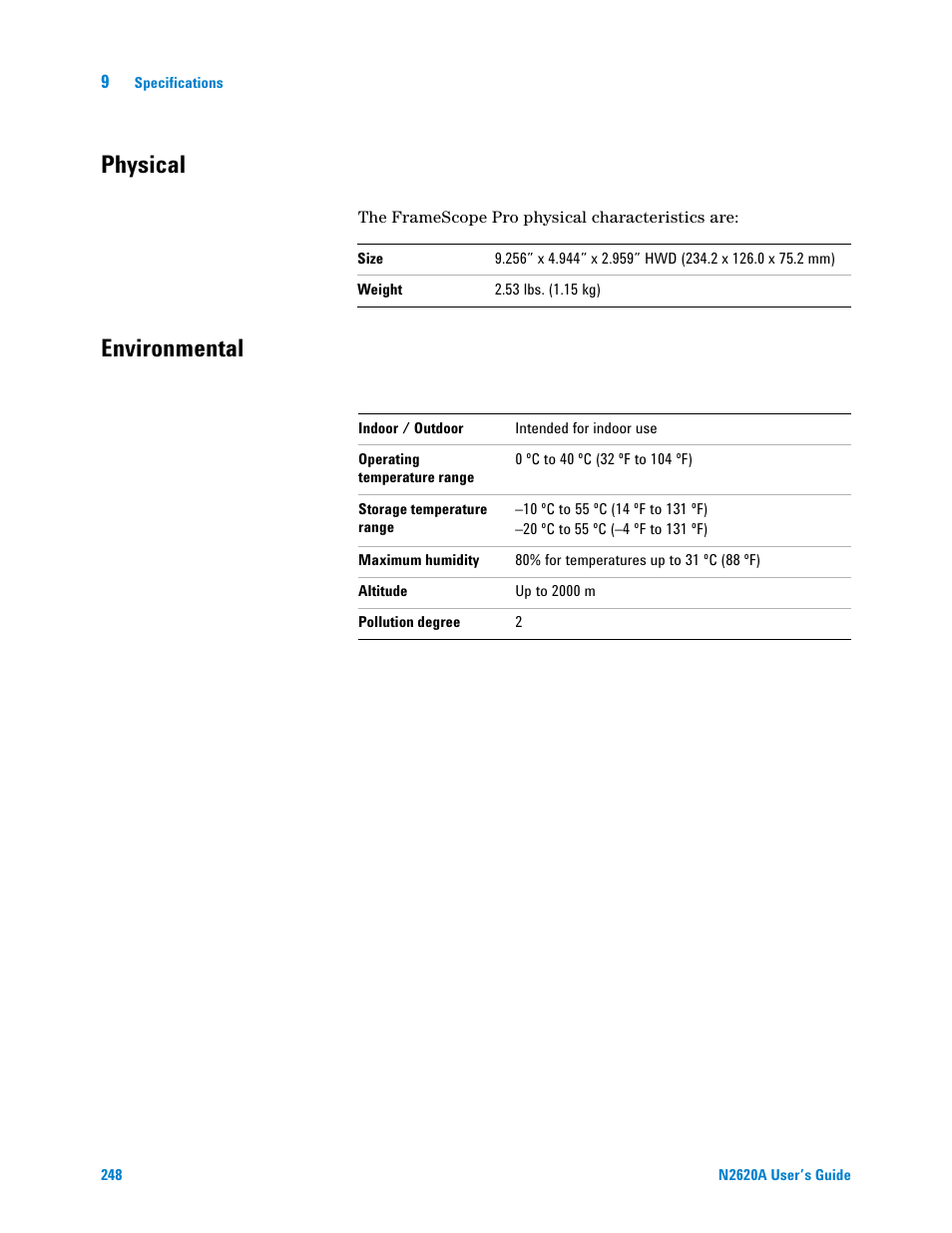 Physical, Environmental | Agilent Technologies N2620A User Manual | Page 266 / 279