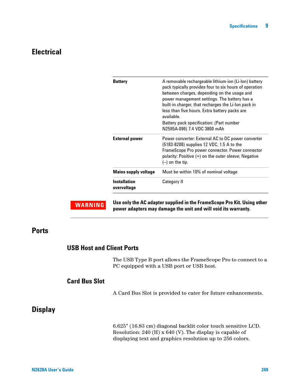 Electrical, Ports, Display | Usb host and client ports, Card bus slot, Electrical ports | Agilent Technologies N2620A User Manual | Page 267 / 279