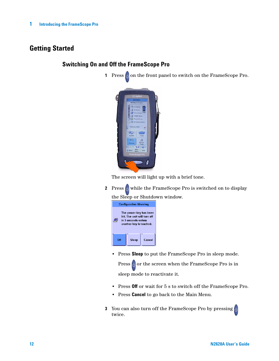 Getting started, Switching on and off the framescope pro | Agilent Technologies N2620A User Manual | Page 30 / 279