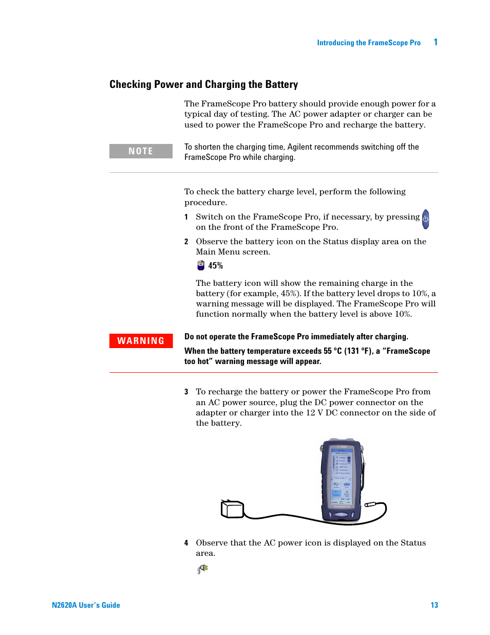 Checking power and charging the battery | Agilent Technologies N2620A User Manual | Page 31 / 279