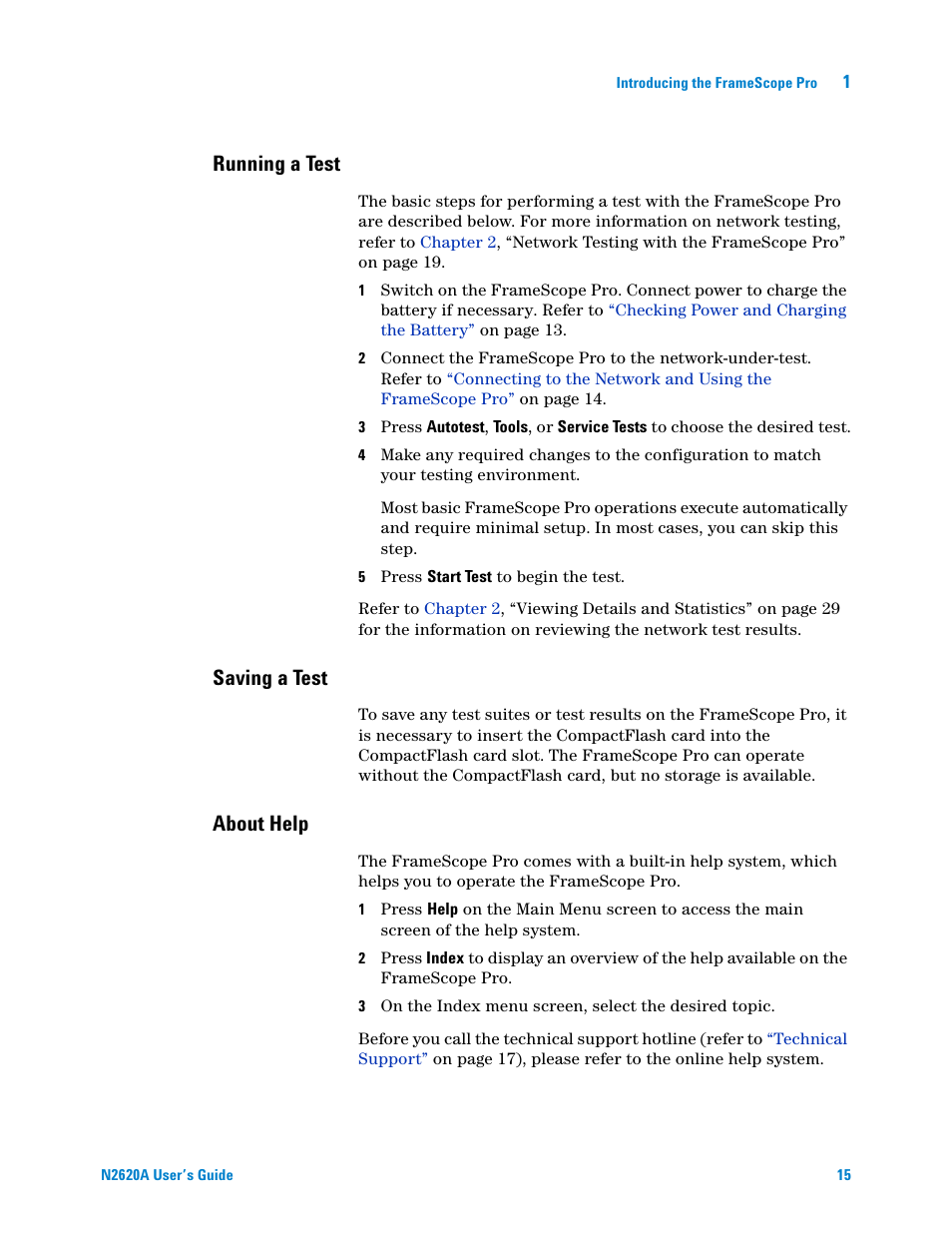 Running a test, Saving a test, About help | Agilent Technologies N2620A User Manual | Page 33 / 279