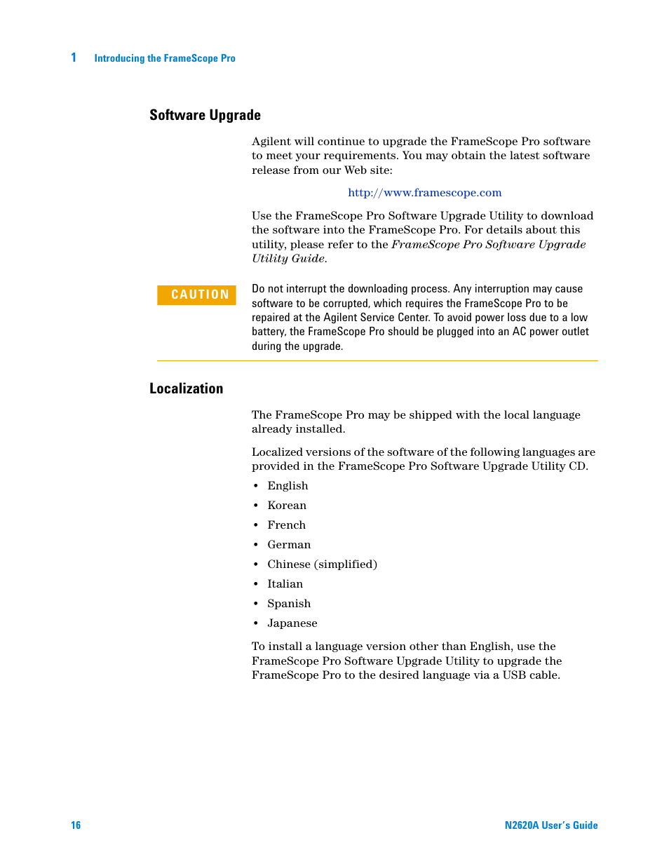 Software upgrade, Localization | Agilent Technologies N2620A User Manual | Page 34 / 279