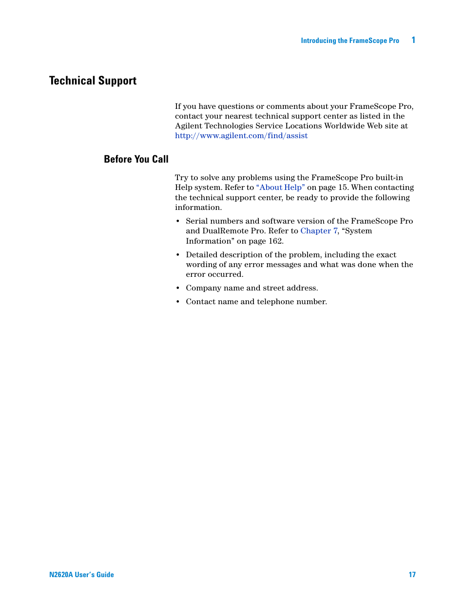 Technical support, Before you call, Technical | Support | Agilent Technologies N2620A User Manual | Page 35 / 279