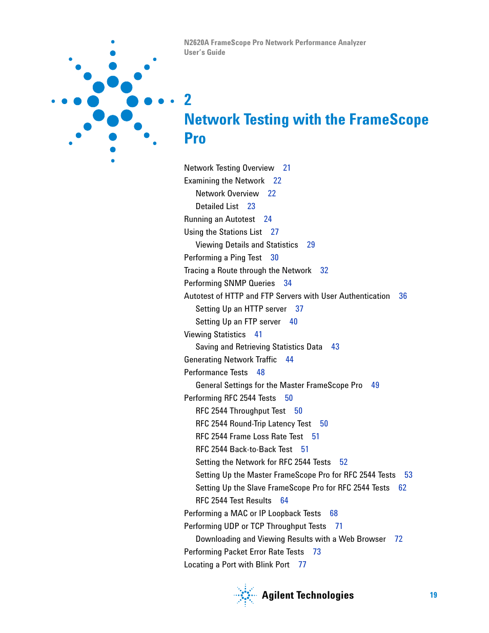 2 network testing with the framescope pro, Network testing with the framescope pro, Chapter 2 | Network testing with the framescope pro” on, Agilent technologies | Agilent Technologies N2620A User Manual | Page 37 / 279