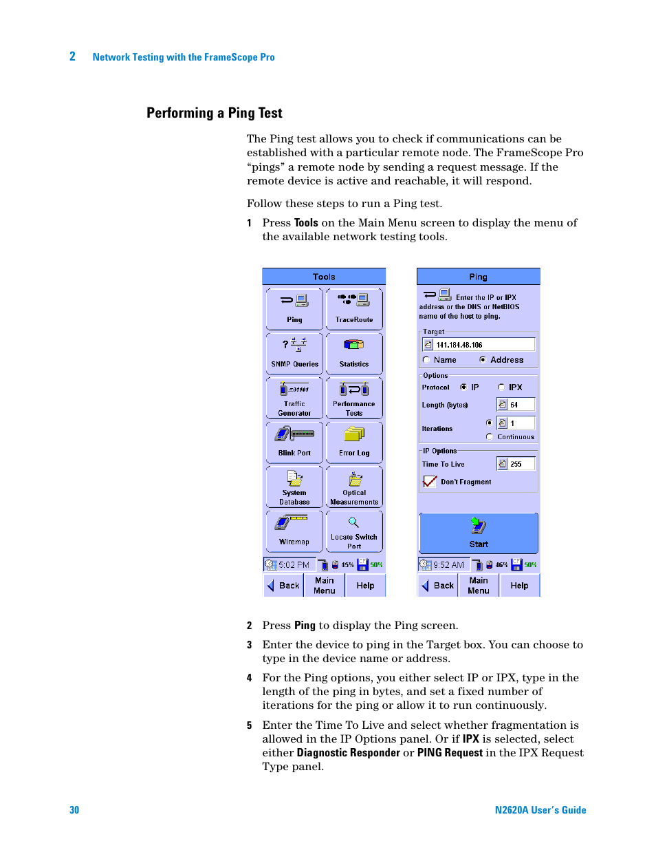 Performing a ping test | Agilent Technologies N2620A User Manual | Page 48 / 279