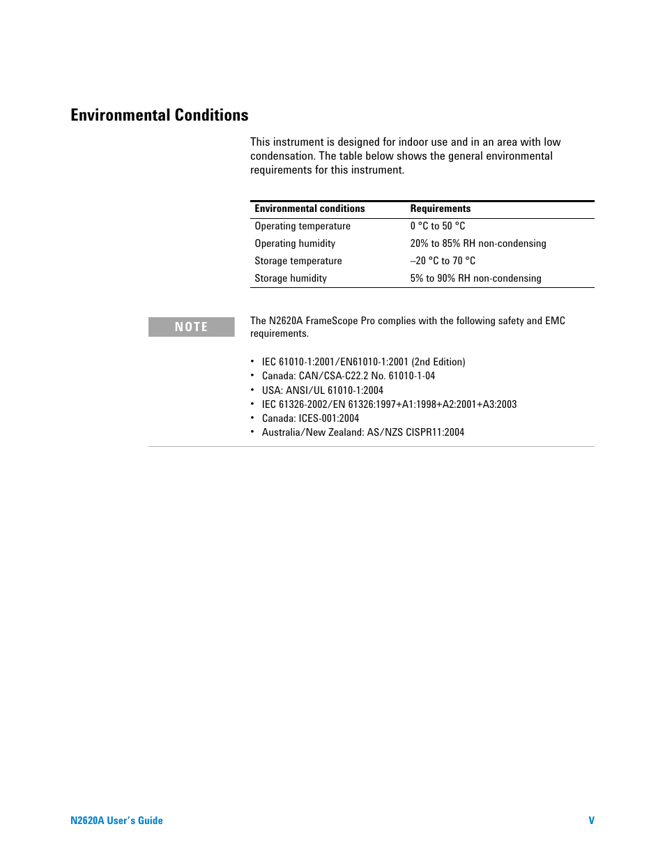 Environmental conditions | Agilent Technologies N2620A User Manual | Page 5 / 279