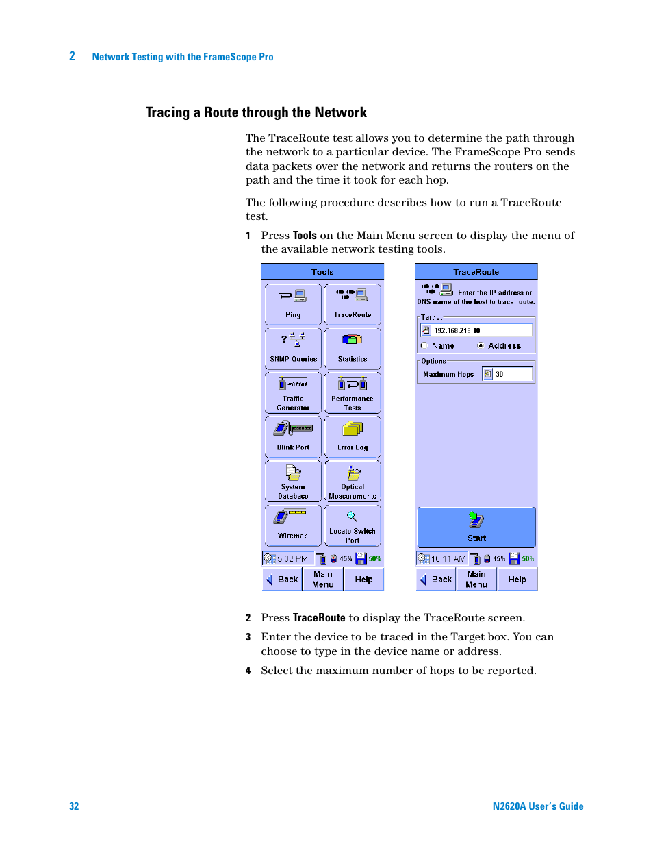 Tracing a route through the network, Tracing a route through the, Network | Agilent Technologies N2620A User Manual | Page 50 / 279