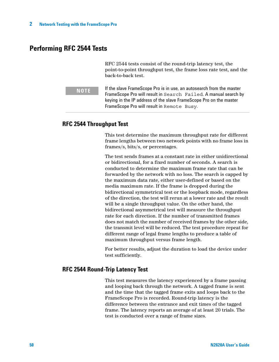 Performing rfc 2544 tests, Rfc 2544 throughput test, Rfc 2544 round-trip latency test | Rfc 2544 throughput, Test, Rfc 2544, Round-trip latency test | Agilent Technologies N2620A User Manual | Page 68 / 279