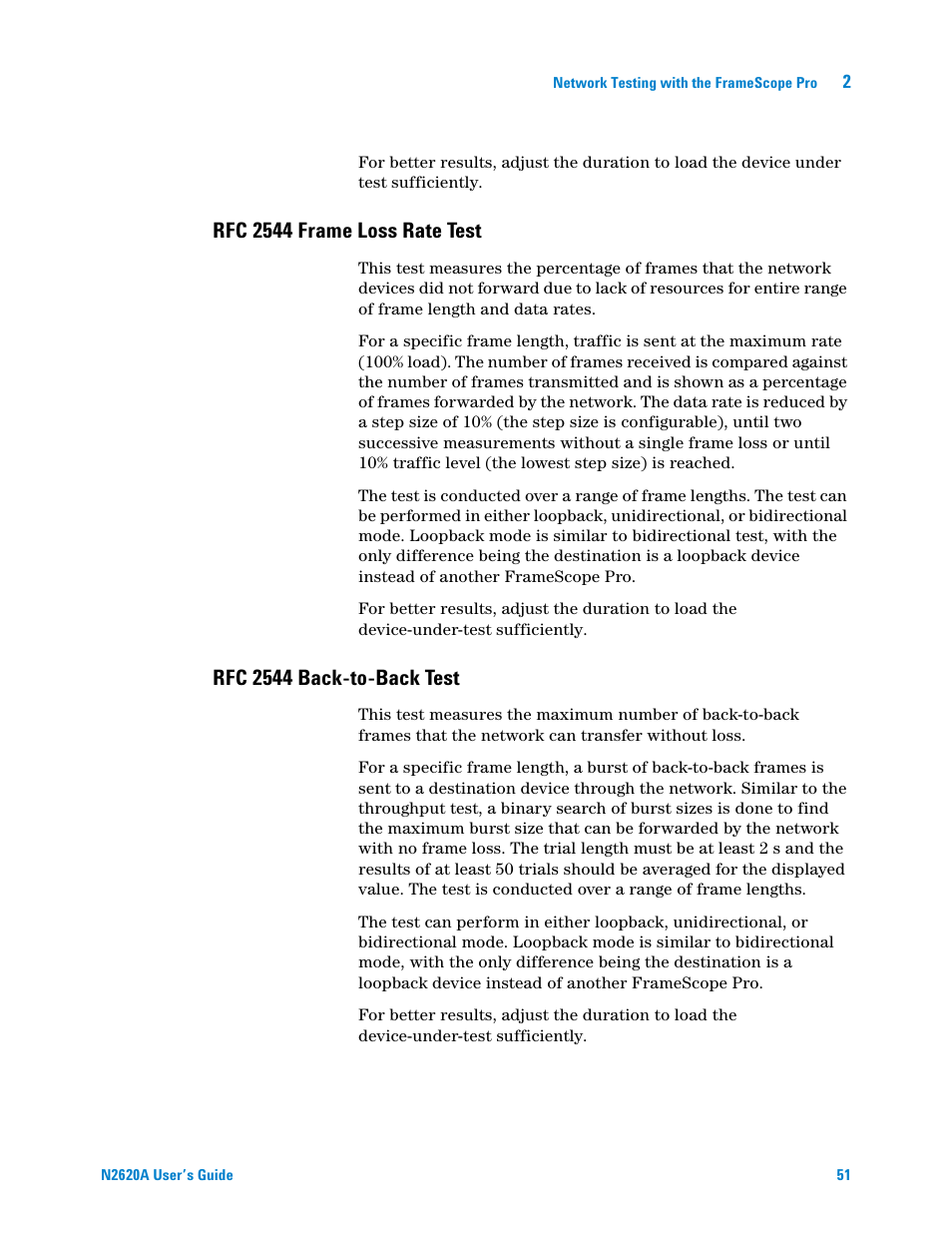 Rfc 2544 frame loss rate test, Rfc 2544 back-to-back test, Rfc 2544 frame | Loss rate test, Rfc 2544, Back-to-back test | Agilent Technologies N2620A User Manual | Page 69 / 279