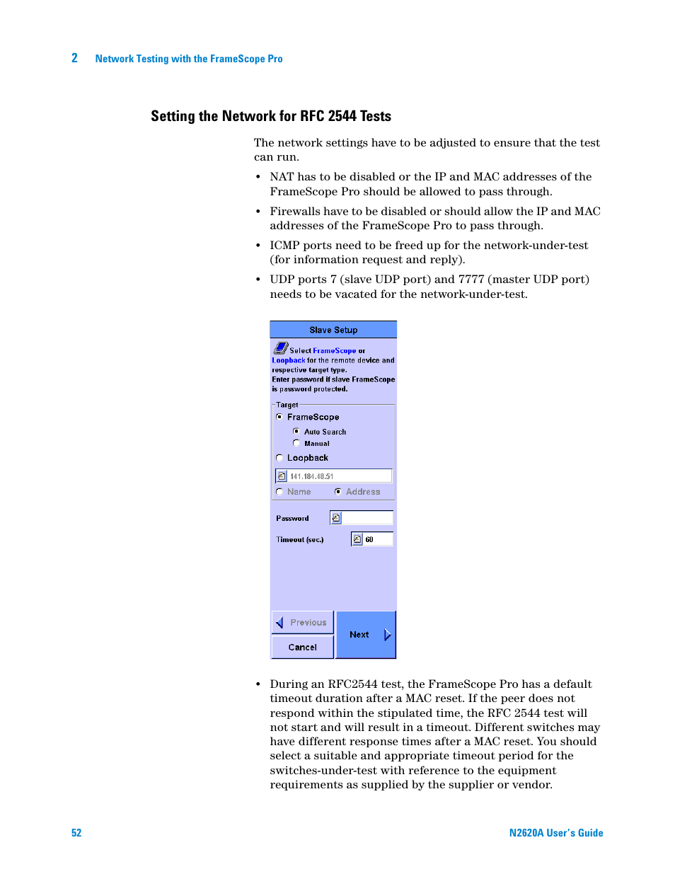 Setting the network for rfc 2544 tests | Agilent Technologies N2620A User Manual | Page 70 / 279