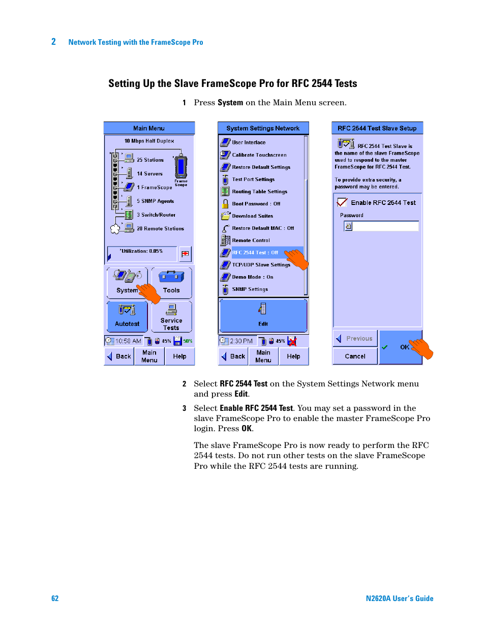 Setting up the slave, Framescope pro for rfc 2544 tests | Agilent Technologies N2620A User Manual | Page 80 / 279