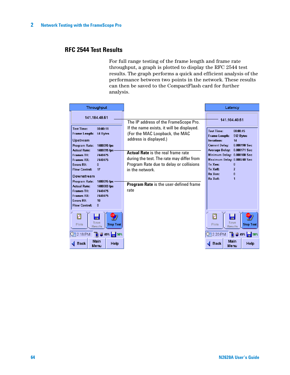 Rfc 2544 test results | Agilent Technologies N2620A User Manual | Page 82 / 279