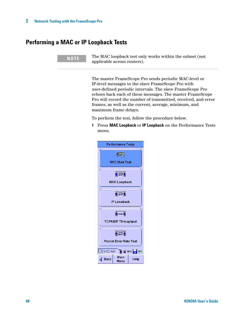 Performing a mac or ip loopback tests, Performing a mac or ip, Loopback tests | Agilent Technologies N2620A User Manual | Page 86 / 279