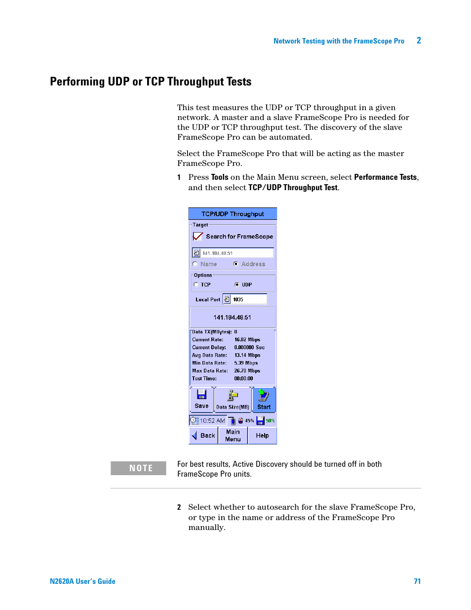 Performing udp or tcp throughput tests, Performing udp or, Tcp throughput tests | Agilent Technologies N2620A User Manual | Page 89 / 279