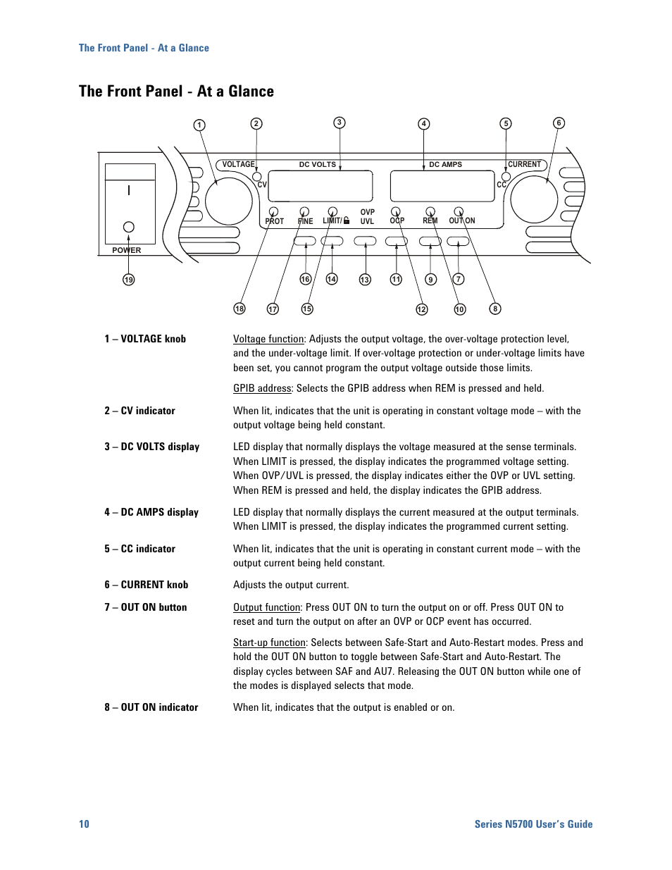 The front panel - at a glance, The front panel - at a glance 10 | Agilent Technologies N5700 User Manual | Page 10 / 128