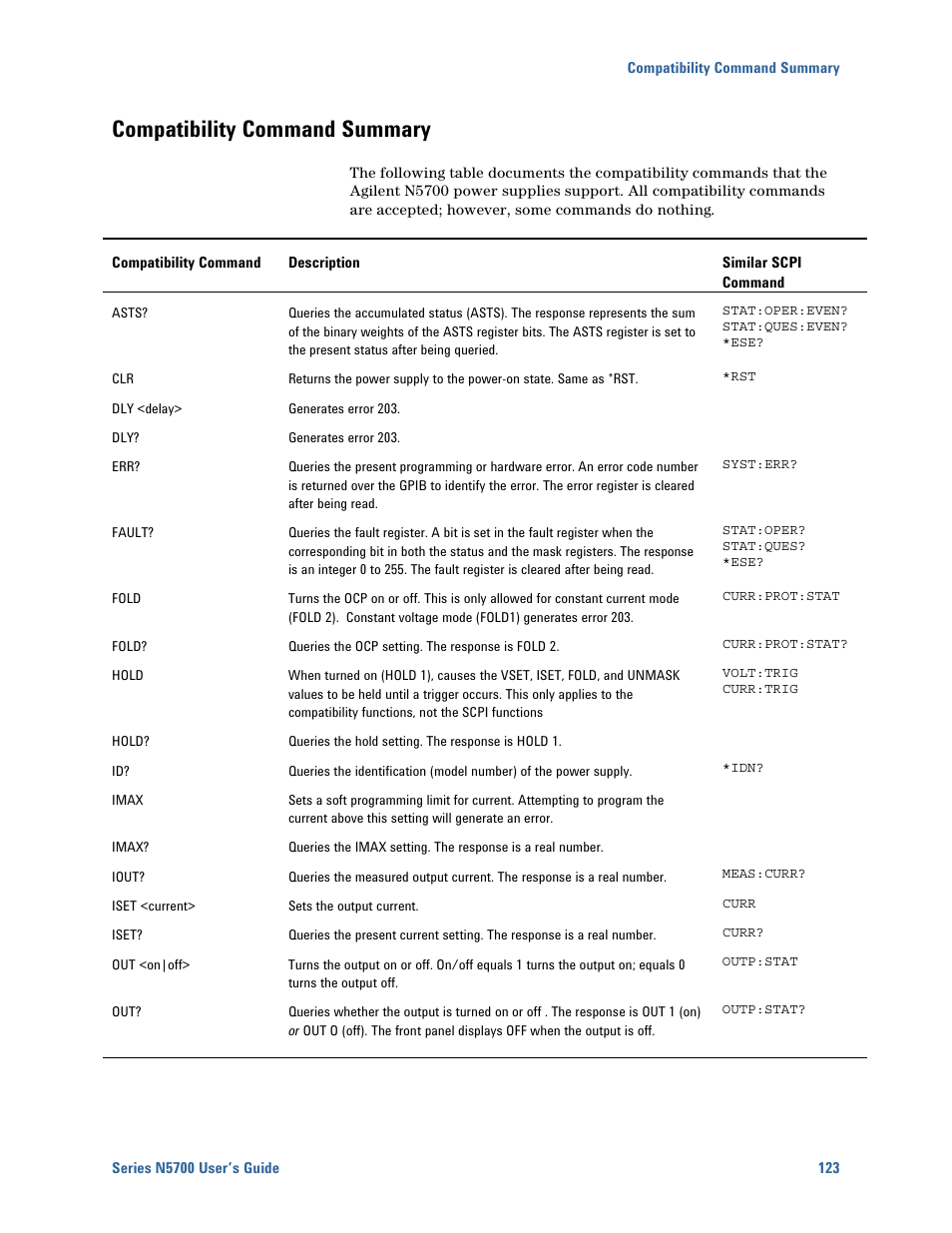Compatibility command summary, Compatibility command summary 123 | Agilent Technologies N5700 User Manual | Page 123 / 128