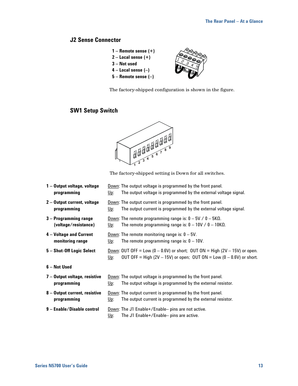 J2 sense connector, Sw1 setup switch | Agilent Technologies N5700 User Manual | Page 13 / 128