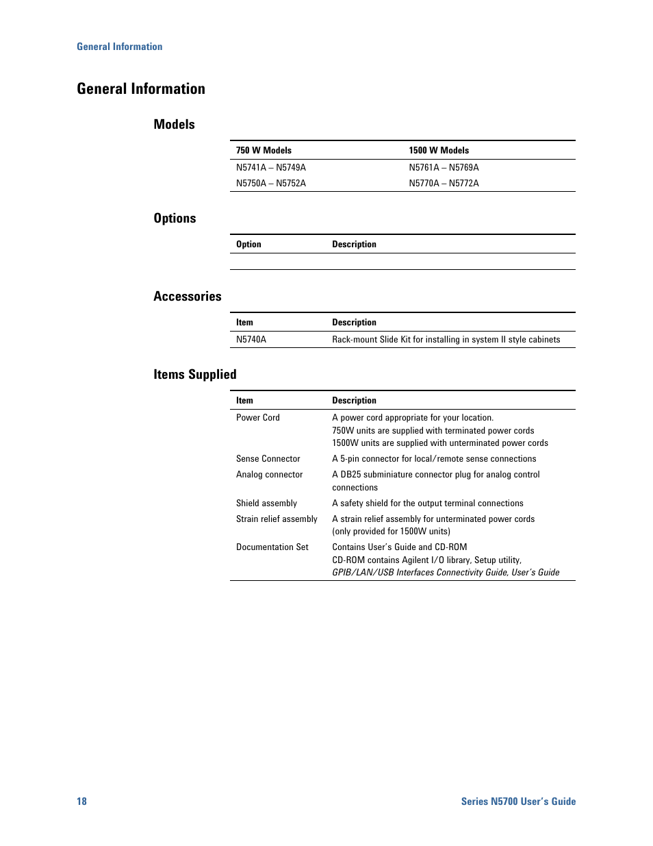 General information, Models, Options | Accessories, Items supplied, General information 18 | Agilent Technologies N5700 User Manual | Page 18 / 128