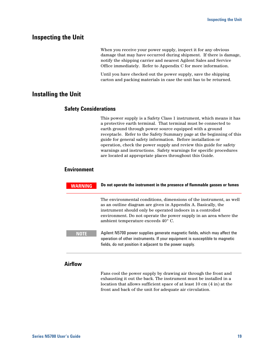 Inspecting the unit, Installing the unit, Safety considerations | Environment, Airflow, Inspecting the unit 19, Installing the unit 19 | Agilent Technologies N5700 User Manual | Page 19 / 128