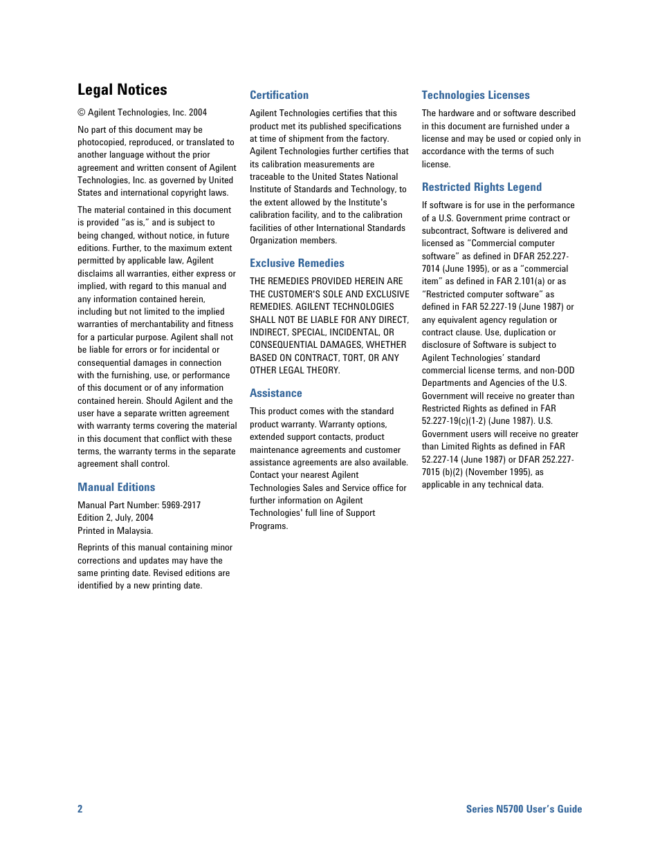 Legal notices | Agilent Technologies N5700 User Manual | Page 2 / 128
