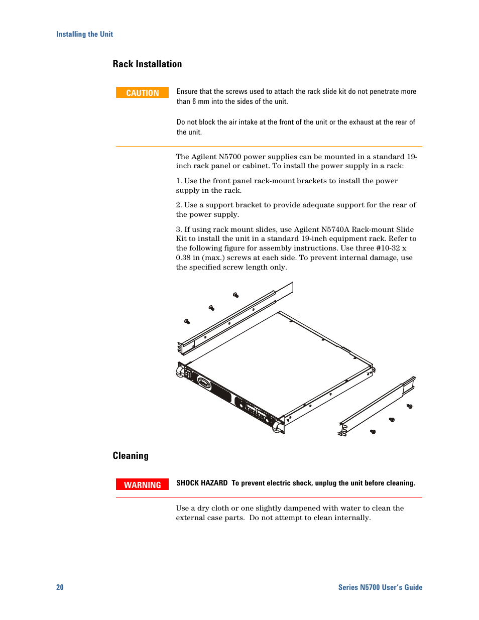 Rack installation, Cleaning | Agilent Technologies N5700 User Manual | Page 20 / 128