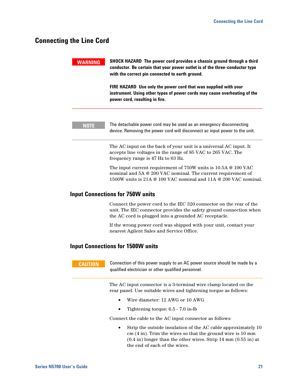 Connecting the line cord, Input connections for 750w units, Input connections for 1500w units | Connecting the line cord 21 | Agilent Technologies N5700 User Manual | Page 21 / 128