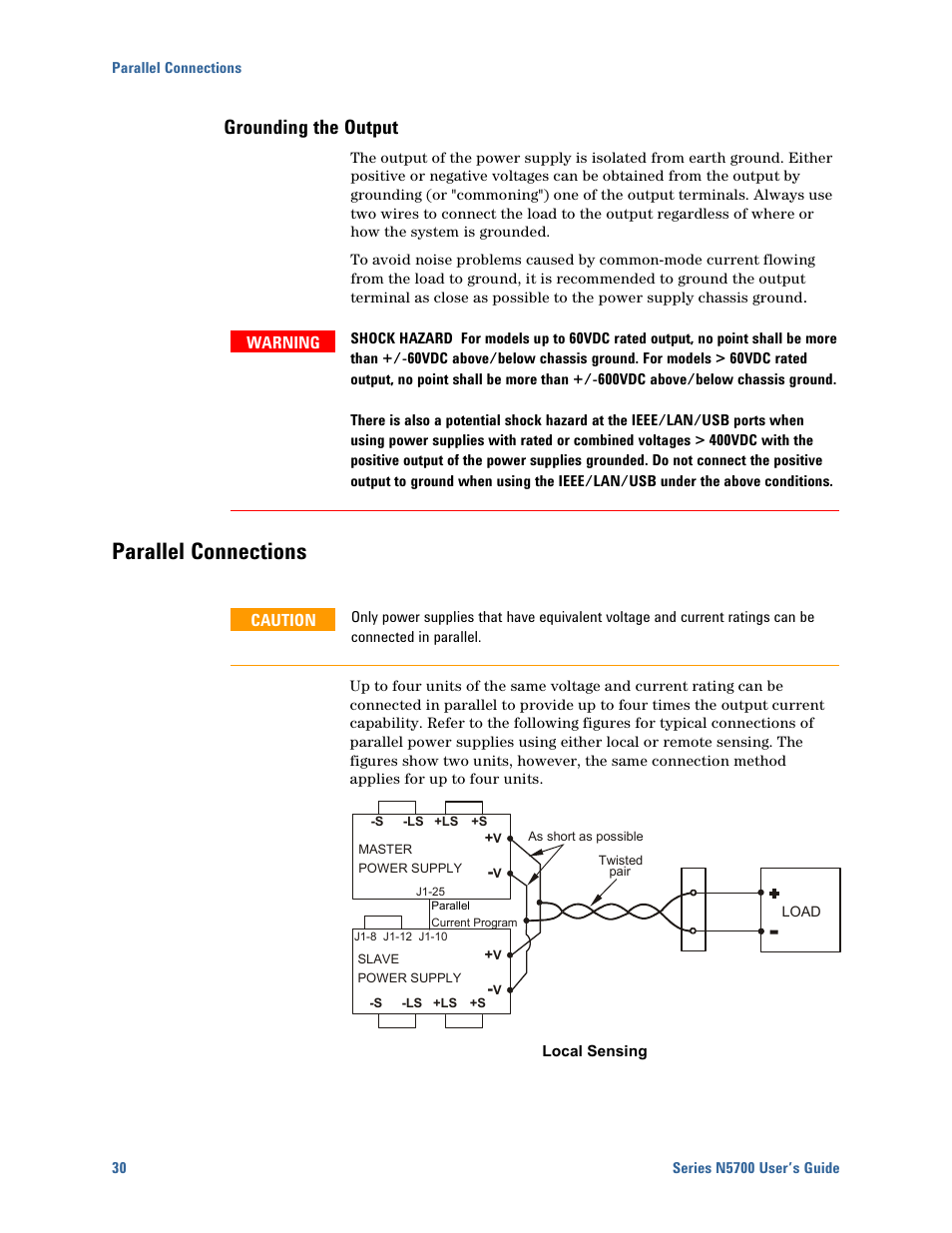 Grounding the output, Parallel connections, Parallel connections 30 | Agilent Technologies N5700 User Manual | Page 30 / 128