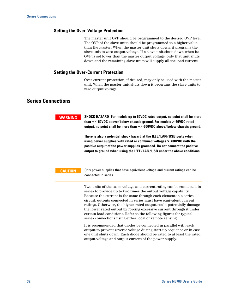 Setting the over-voltage protection, Setting the over-current protection, Series connections | Series connections 32 | Agilent Technologies N5700 User Manual | Page 32 / 128