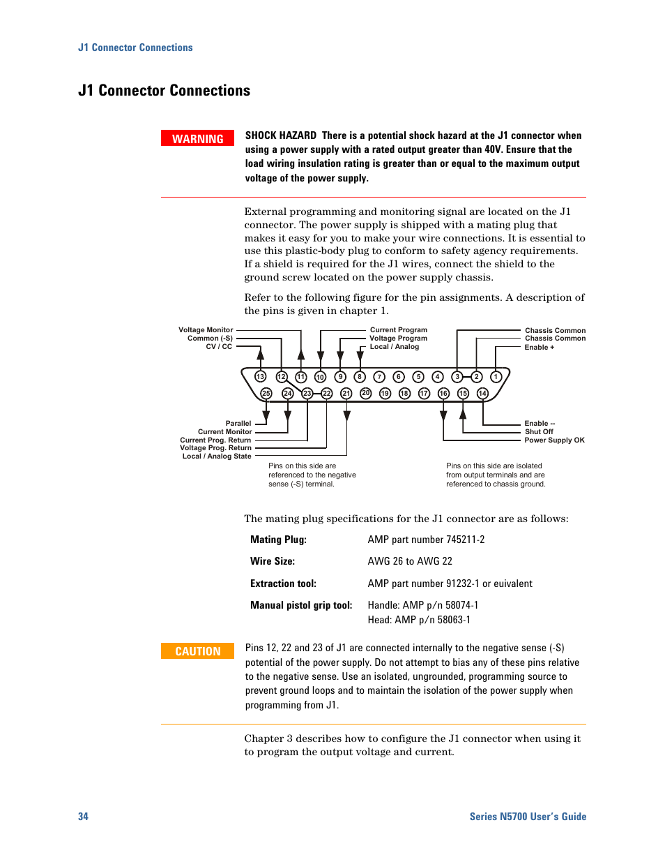 J1 connector connections, J1 connector connections 34, Warning | Caution | Agilent Technologies N5700 User Manual | Page 34 / 128