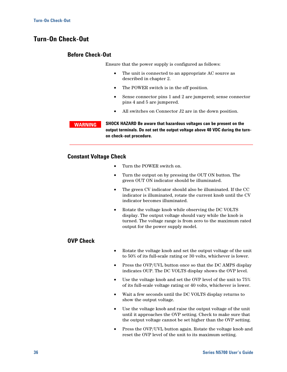 Turn-on check-out, Before check-out, Constant voltage check | Ovp check, Turn-on check-out 36 | Agilent Technologies N5700 User Manual | Page 36 / 128