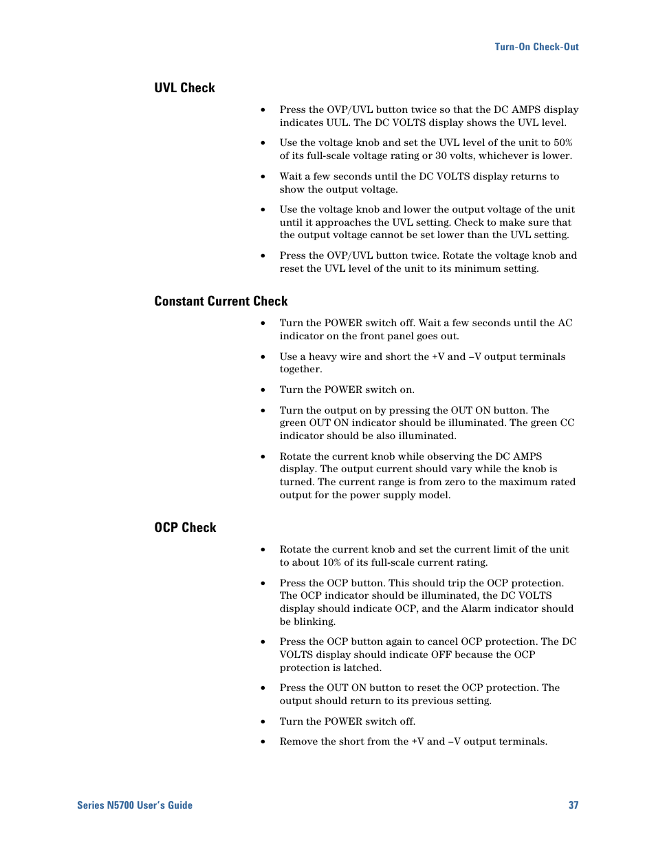 Uvl check, Constant current check, Ocp check | Agilent Technologies N5700 User Manual | Page 37 / 128